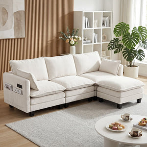 English Elm Modern Chenille Three Seat Sofa with Ottoman Usb Charging Ports and Storage Pockets Beige White W2519S00001