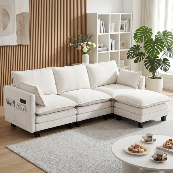 English Elm Modern Chenille Three Seat Sofa with Ottoman Usb Charging Ports and Storage Pockets Beige White W2519S00001
