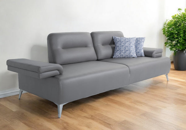 Homeroots 89" Light Gray Leather Convertible Sofa And Toss Pillows With Silver Legs   485604