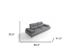 Homeroots 89" Light Gray Leather Convertible Sofa And Toss Pillows With Silver Legs   485604