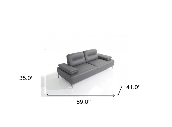 Homeroots 89" Light Gray Leather Convertible Sofa And Toss Pillows With Silver Legs   485604