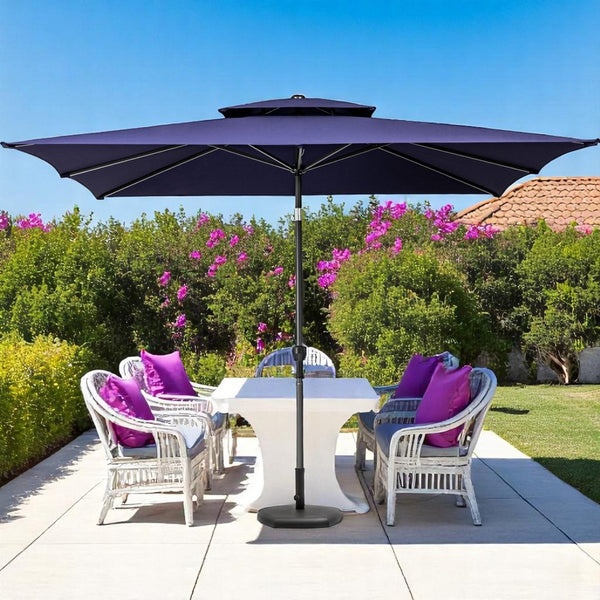 HomeRoots 9' Navy Blue Rectangular Market Umbrella – Durable Polyester Canopy with Rust-Resistant Frame & Crank Lift 485616