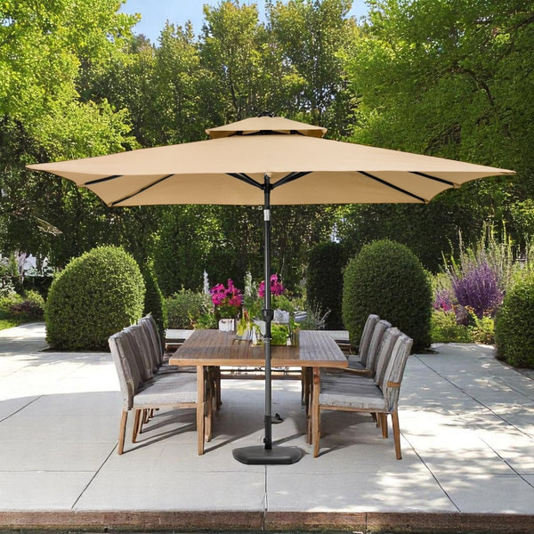 HomeRoots 9' Tan Polyester Rectangular Market Umbrella – Durable Shade for Patios, Poolside & Outdoor Dining 485617