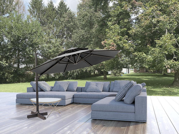 Homeroots 12' Dark Gray Polyester Round Tilt Cantilever Patio Umbrella With Stand  Aluminum 485629