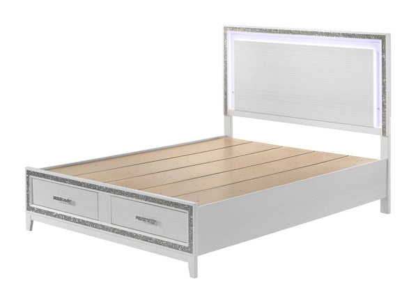 English Elm Haiden Queen Bed with LED-Illuminated Panel Headboard, Silver Trim & Under-Bed Storage Drawers White 29 L x 21 W x 13 H B2726S00139