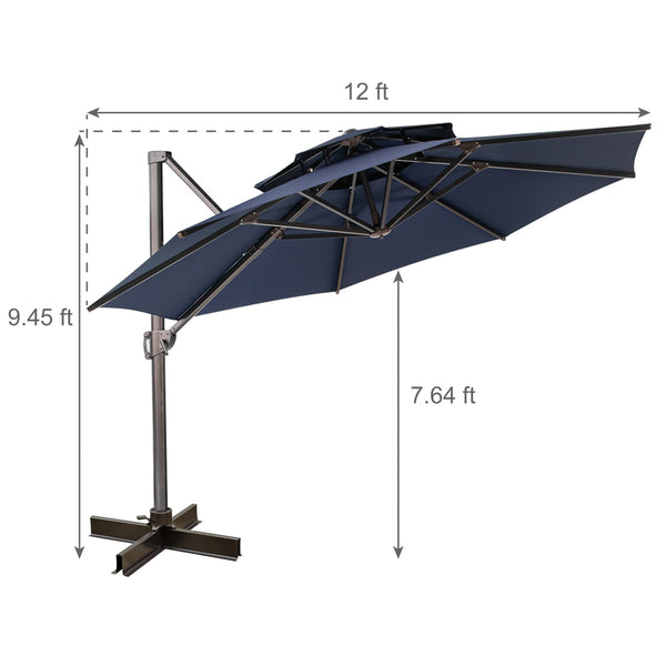 Homeroots 12' Navy Blue Polyester Round Tilt Cantilever Patio Umbrella With Stand  Aluminum 485630