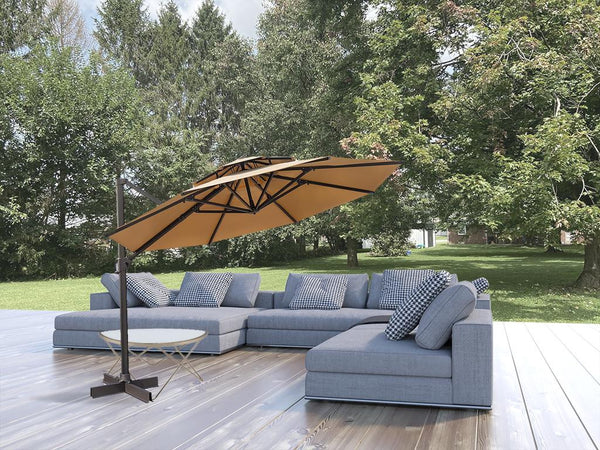 Homeroots 12' Tan Polyester Round Tilt Cantilever Patio Umbrella With Stand  Aluminum 485631