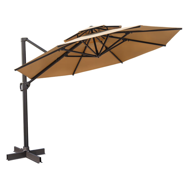 Homeroots 12' Tan Polyester Round Tilt Cantilever Patio Umbrella With Stand  Aluminum 485631