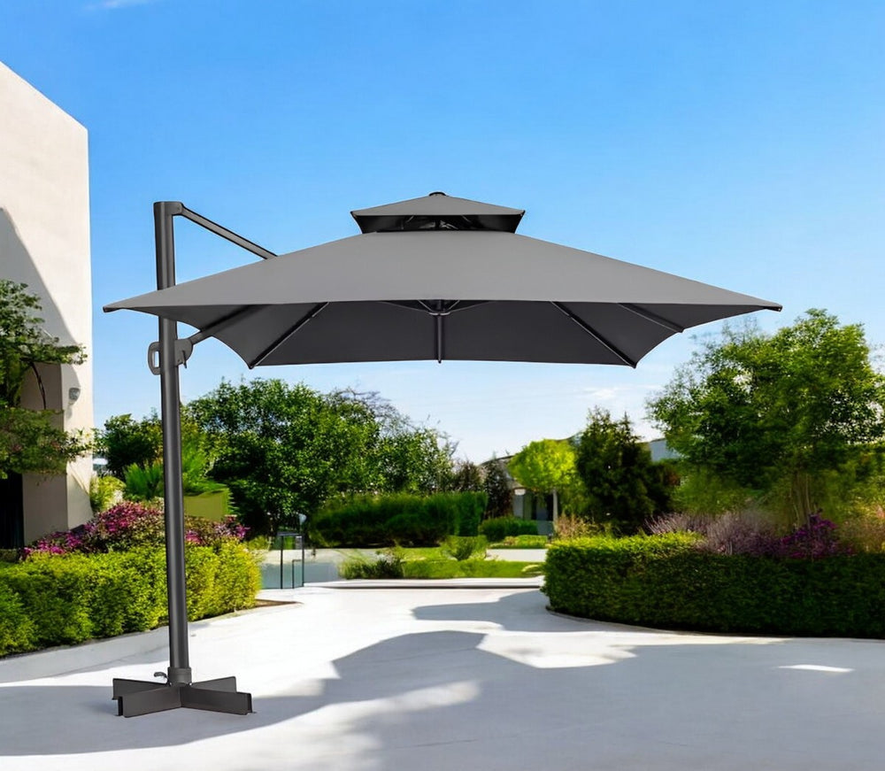 Homeroots 113" Dark Gray Polyester Rectangular Tilt Cantilever Patio Umbrella With Stand  Aluminum 485639