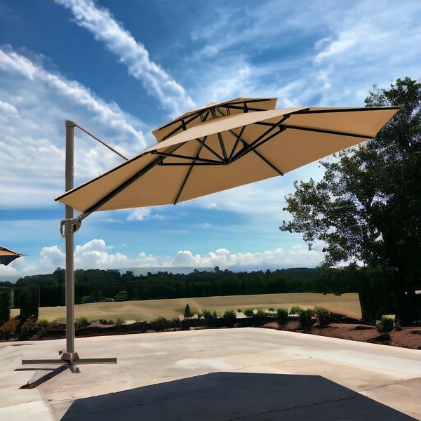 Homeroots 11.5' Tan Polyester Round Tilt Cantilever Patio Umbrella With Stand  Aluminum 485649