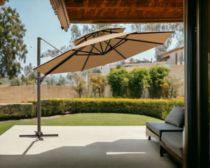 Homeroots 11.5' Tan Polyester Round Tilt Cantilever Patio Umbrella With Stand  Aluminum 485649