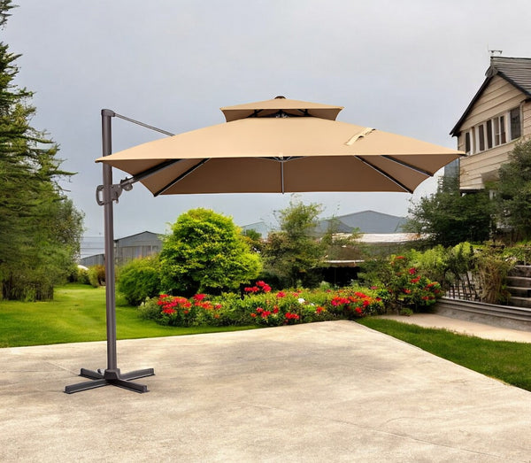 Homeroots 10' Tan Polyester Square Tilt Cantilever Patio Umbrella With Stand  Aluminum 485661