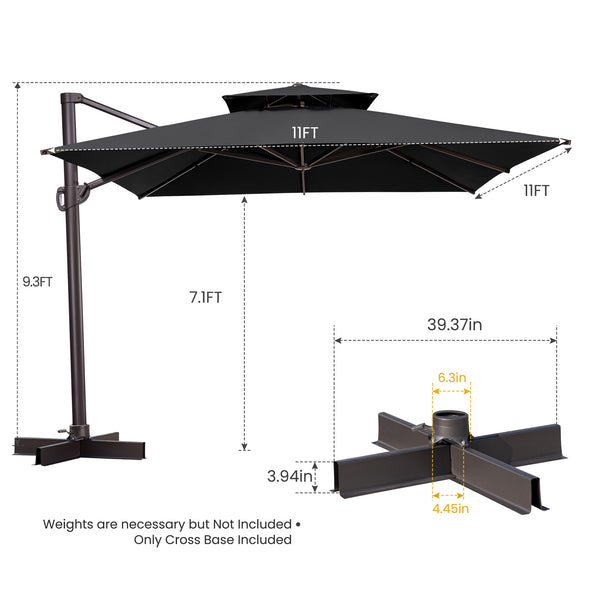 Homeroots 11' Black Polyester Square Tilt Cantilever Patio Umbrella With Stand  Aluminum 485664