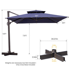 Homeroots 11' Navy Blue Polyester Square Tilt Cantilever Patio Umbrella With Stand  Aluminum 485666