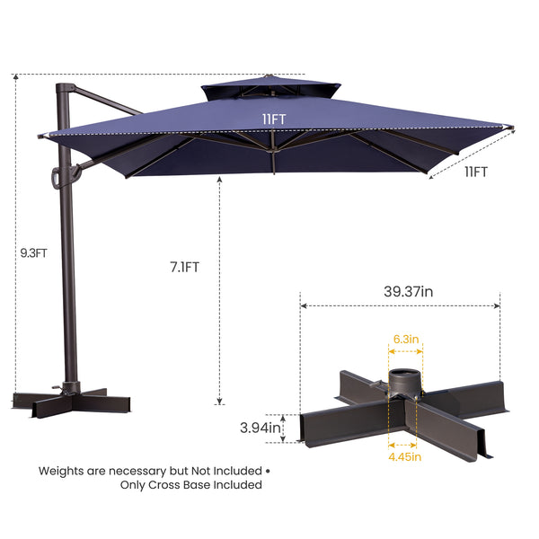 Homeroots 11' Navy Blue Polyester Square Tilt Cantilever Patio Umbrella With Stand  Aluminum 485666