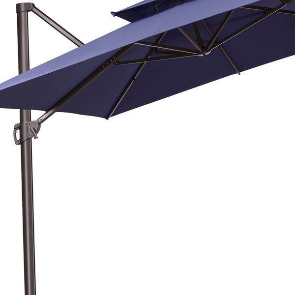 Homeroots 11' Navy Blue Polyester Square Tilt Cantilever Patio Umbrella With Stand  Aluminum 485666