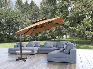Homeroots 11' Tan Polyester Square Tilt Cantilever Patio Umbrella With Stand  Aluminum 485667