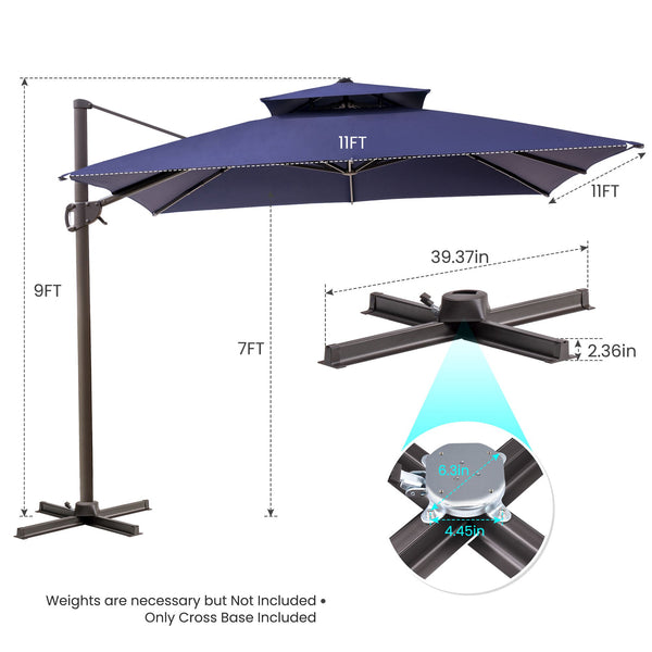 Homeroots 11' Navy Blue Polyester Round Tilt Cantilever Patio Umbrella With Stand  Aluminum 485670