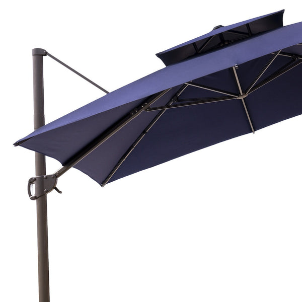 Homeroots 11' Navy Blue Polyester Round Tilt Cantilever Patio Umbrella With Stand  Aluminum 485670