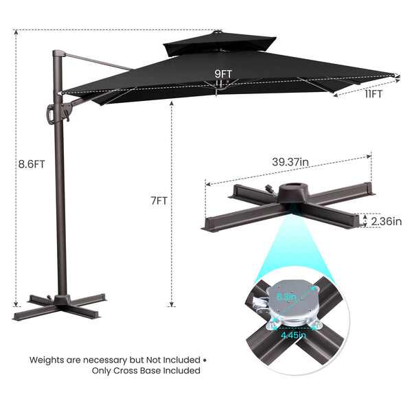 Homeroots 11' Black Polyester Round Tilt Cantilever Patio Umbrella With Stand  Aluminum 485672