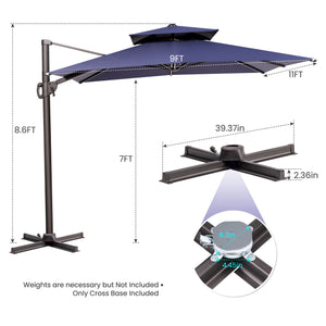 Homeroots 11' Navy Blue Polyester Round Tilt Cantilever Patio Umbrella With Stand  Aluminum 485674