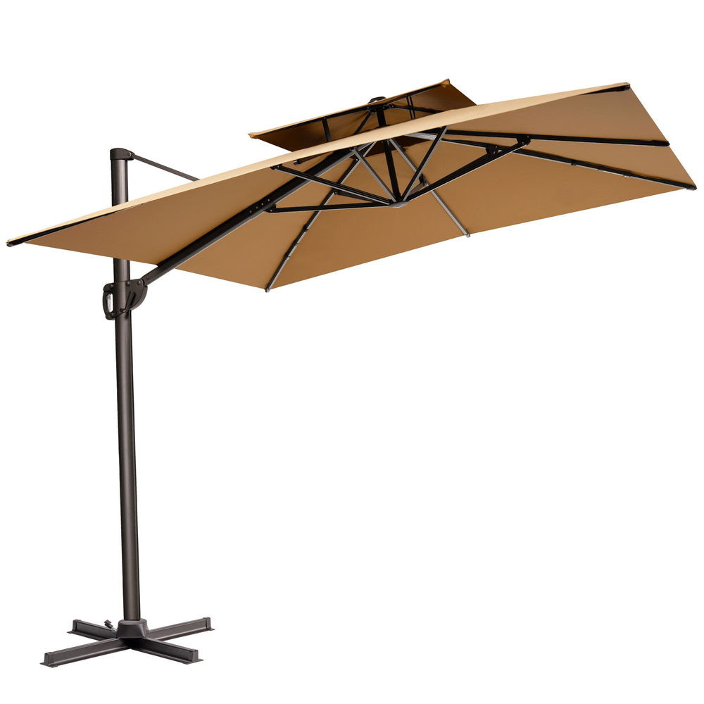 Homeroots 11' Tan Polyester Round Tilt Cantilever Patio Umbrella With Stand  Aluminum 485675