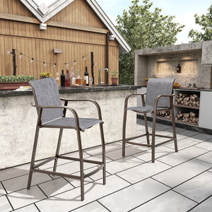 HomeRoots Set of Two Stylish 28" Brown Aluminum Outdoor Bar Chairs with Gray Cushions for Ultimate Comfort 485763