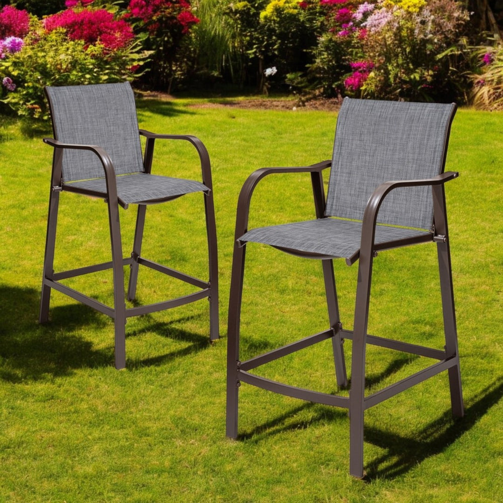 HomeRoots Set of Two Stylish 28" Brown Aluminum Outdoor Bar Chairs with Gray Cushions for Ultimate Comfort 485763