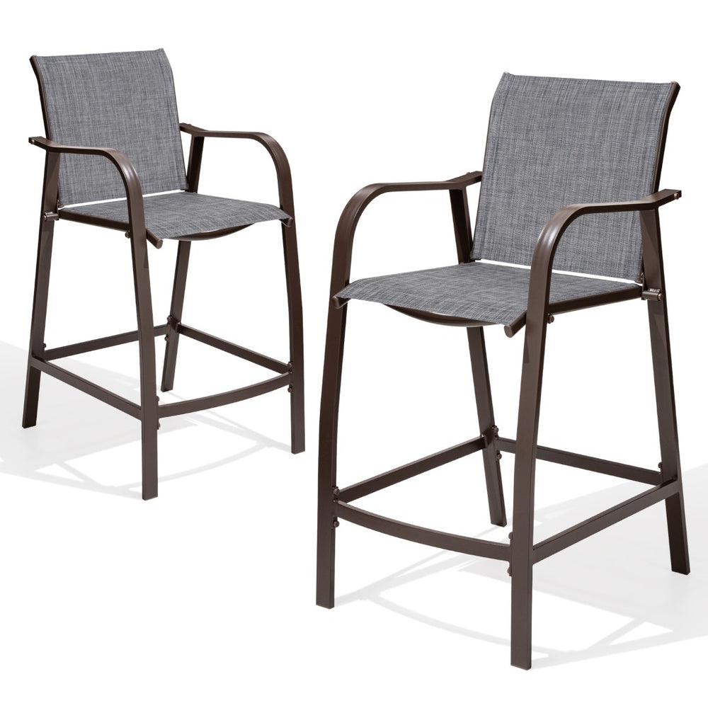 HomeRoots Set of Two Stylish 28" Brown Aluminum Outdoor Bar Chairs with Gray Cushions for Ultimate Comfort 485763