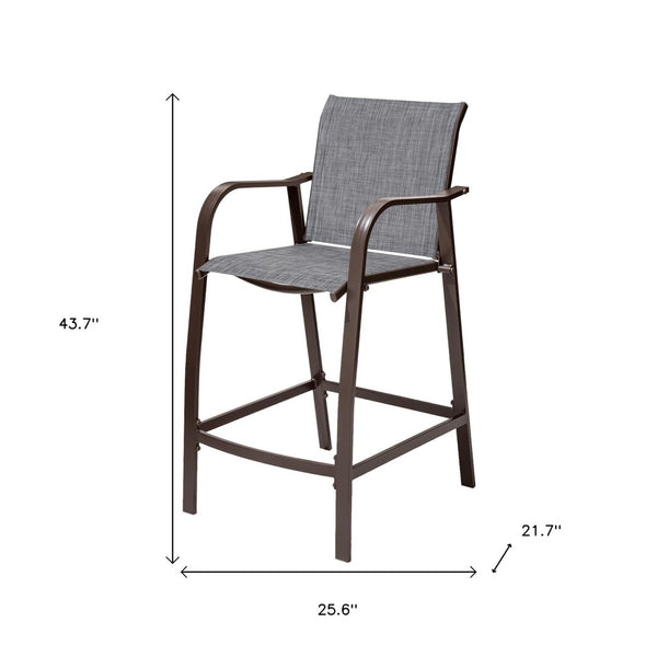 HomeRoots Set of Two Stylish 28" Brown Aluminum Outdoor Bar Chairs with Gray Cushions for Ultimate Comfort 485763