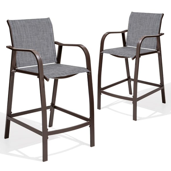 HomeRoots Set of Two Stylish 28" Brown Aluminum Outdoor Bar Chairs with Gray Cushions for Ultimate Comfort 485763