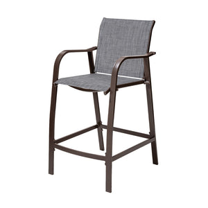 HomeRoots Set of Two Stylish 28" Brown Aluminum Outdoor Bar Chairs with Gray Cushions for Ultimate Comfort 485763