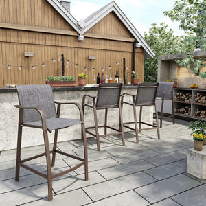 HomeRoots Set of Four Stylish 28" Black and Gray Aluminum Outdoor Bar Chairs with Footrest for Comfort & Style 485764