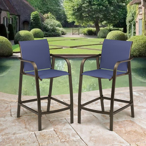 HomeRoots Set of Two 28" Navy Blue and Brown Aluminum Outdoor Bar Chairs with Footrest for Stylish Comfort 485767