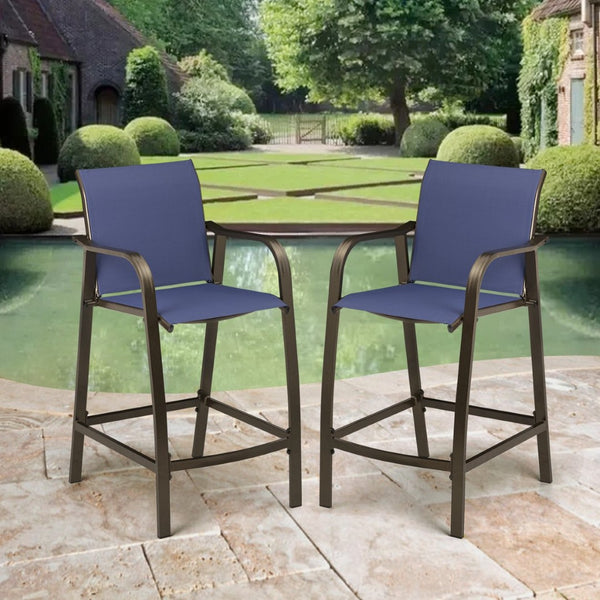 HomeRoots Set of Two 28" Navy Blue and Brown Aluminum Outdoor Bar Chairs with Footrest for Stylish Comfort 485767