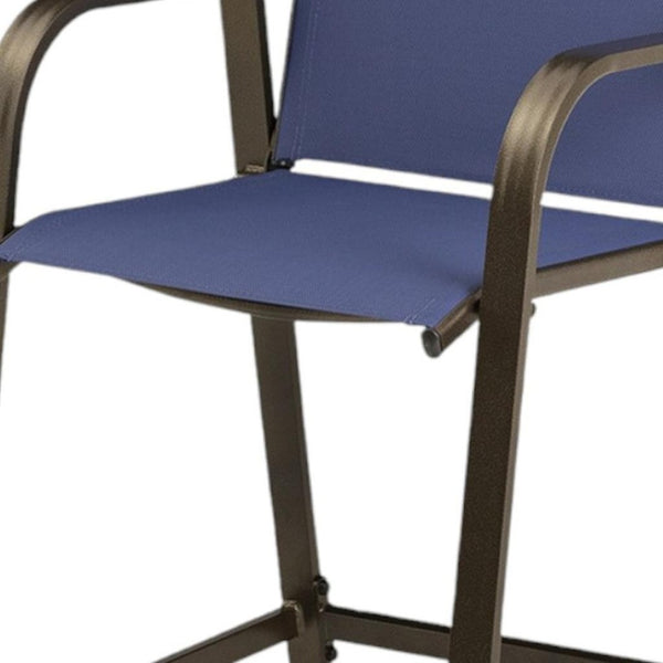 HomeRoots Set of Two 28" Navy Blue and Brown Aluminum Outdoor Bar Chairs with Footrest for Stylish Comfort 485767