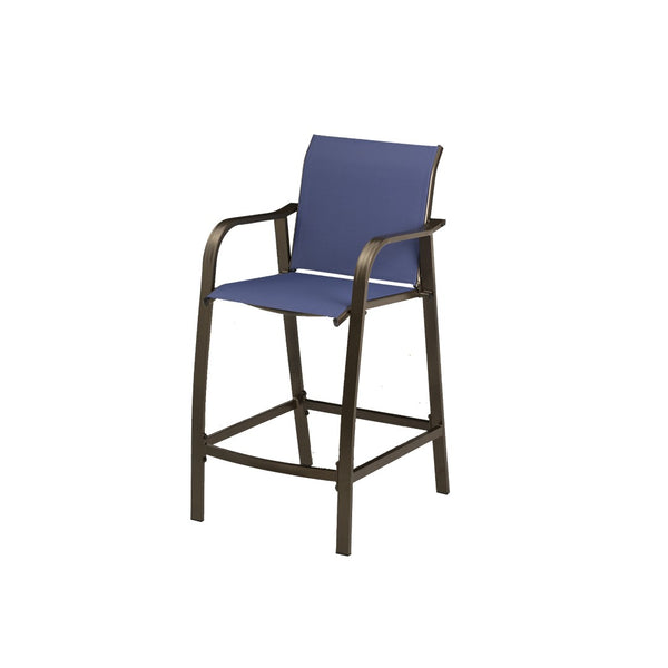 HomeRoots Set of Two 28" Navy Blue and Brown Aluminum Outdoor Bar Chairs with Footrest for Stylish Comfort 485767