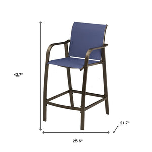 HomeRoots Set of Two 28" Navy Blue and Brown Aluminum Outdoor Bar Chairs with Footrest for Stylish Comfort 485767