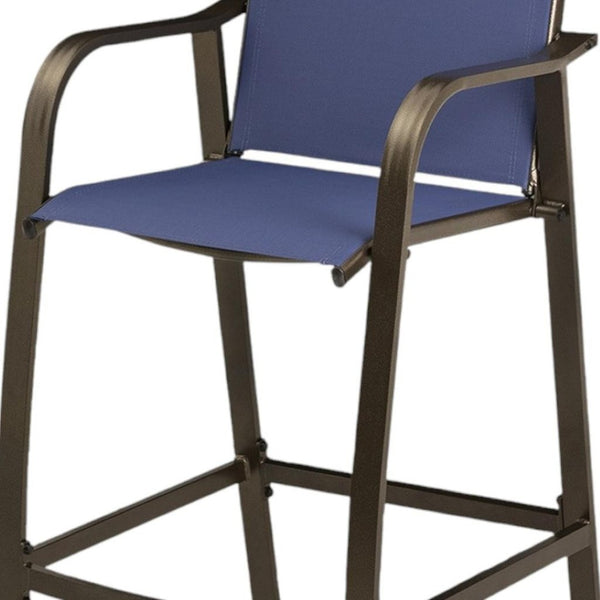 HomeRoots Set of Two 28" Navy Blue and Brown Aluminum Outdoor Bar Chairs with Footrest for Stylish Comfort 485767