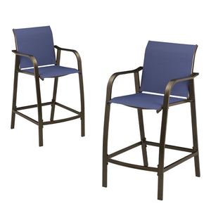 HomeRoots Set of Two 28" Navy Blue and Brown Aluminum Outdoor Bar Chairs with Footrest for Stylish Comfort 485767