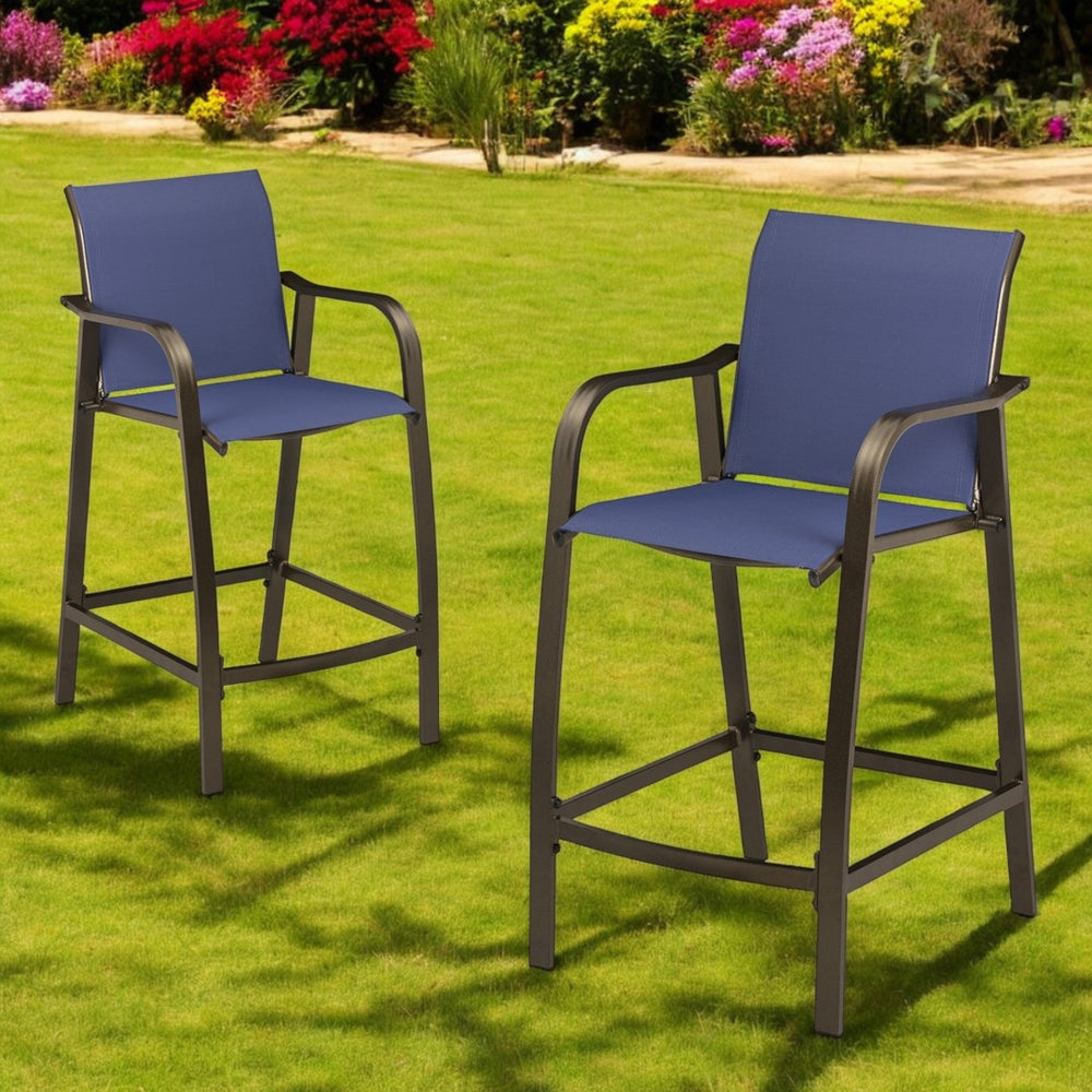 HomeRoots Set of Two 28" Navy Blue and Brown Aluminum Outdoor Bar Chairs with Footrest for Stylish Comfort 485767