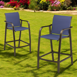 HomeRoots Set of Two 28" Navy Blue and Brown Aluminum Outdoor Bar Chairs with Footrest for Stylish Comfort 485767