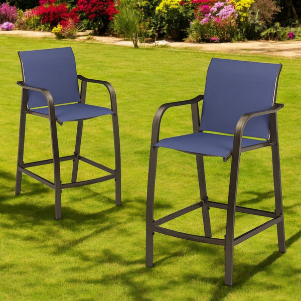 HomeRoots Set of Two 28" Navy Blue and Brown Aluminum Outdoor Bar Chairs with Footrest for Stylish Comfort 485767
