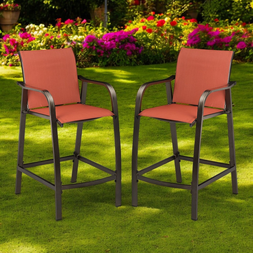 HomeRoots Set of Two Stylish 28" Brown and Orange Outdoor Bar Chairs with Footrest for Ultimate Comfort 485768