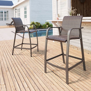HomeRoots Set of Two 28" Brown Aluminum Outdoor Bar Chairs with Footrest for Stylish Patio Dining & Relaxation 485769