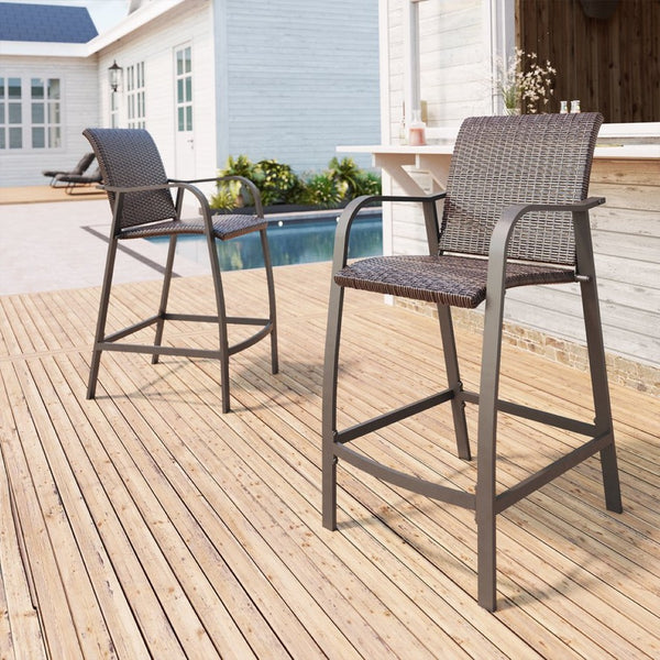 HomeRoots Set of Two 28" Brown Aluminum Outdoor Bar Chairs with Footrest for Stylish Patio Dining & Relaxation 485769