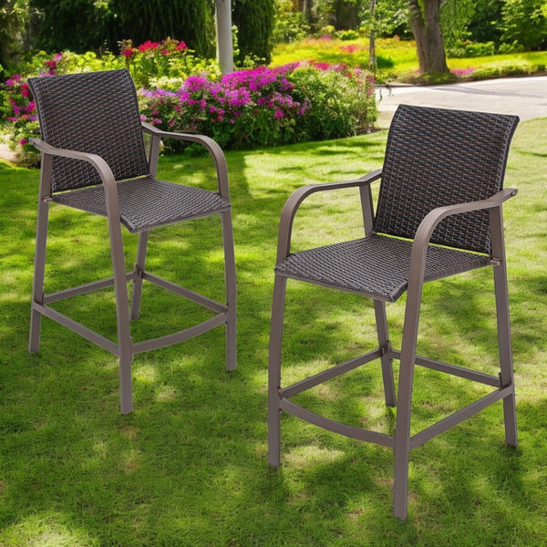 HomeRoots Set of Two 28" Brown Aluminum Outdoor Bar Chairs with Footrest for Stylish Patio Dining & Relaxation 485769