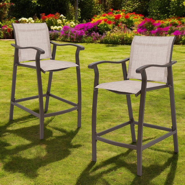 HomeRoots Set of Two Stylish 28" Brown & Beige Aluminum Outdoor Bar Chairs with Footrest for Comfort & Style 485772