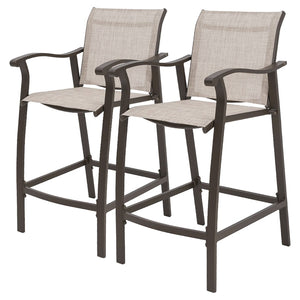 HomeRoots Set of Two Stylish 28" Brown & Beige Aluminum Outdoor Bar Chairs with Footrest for Comfort & Style 485772