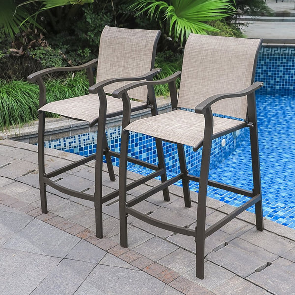 HomeRoots Set of Two Stylish 28" Brown & Beige Aluminum Outdoor Bar Chairs with Footrest for Comfort & Style 485772